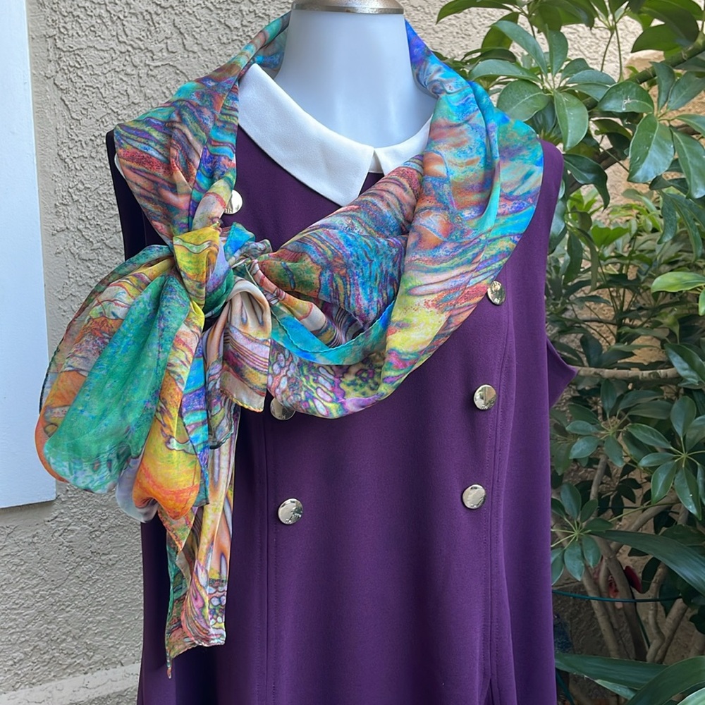 Vintage Escada Multicolored Artistic Hand Painted Silk Scarf/Wrap - Picture 7 of 13